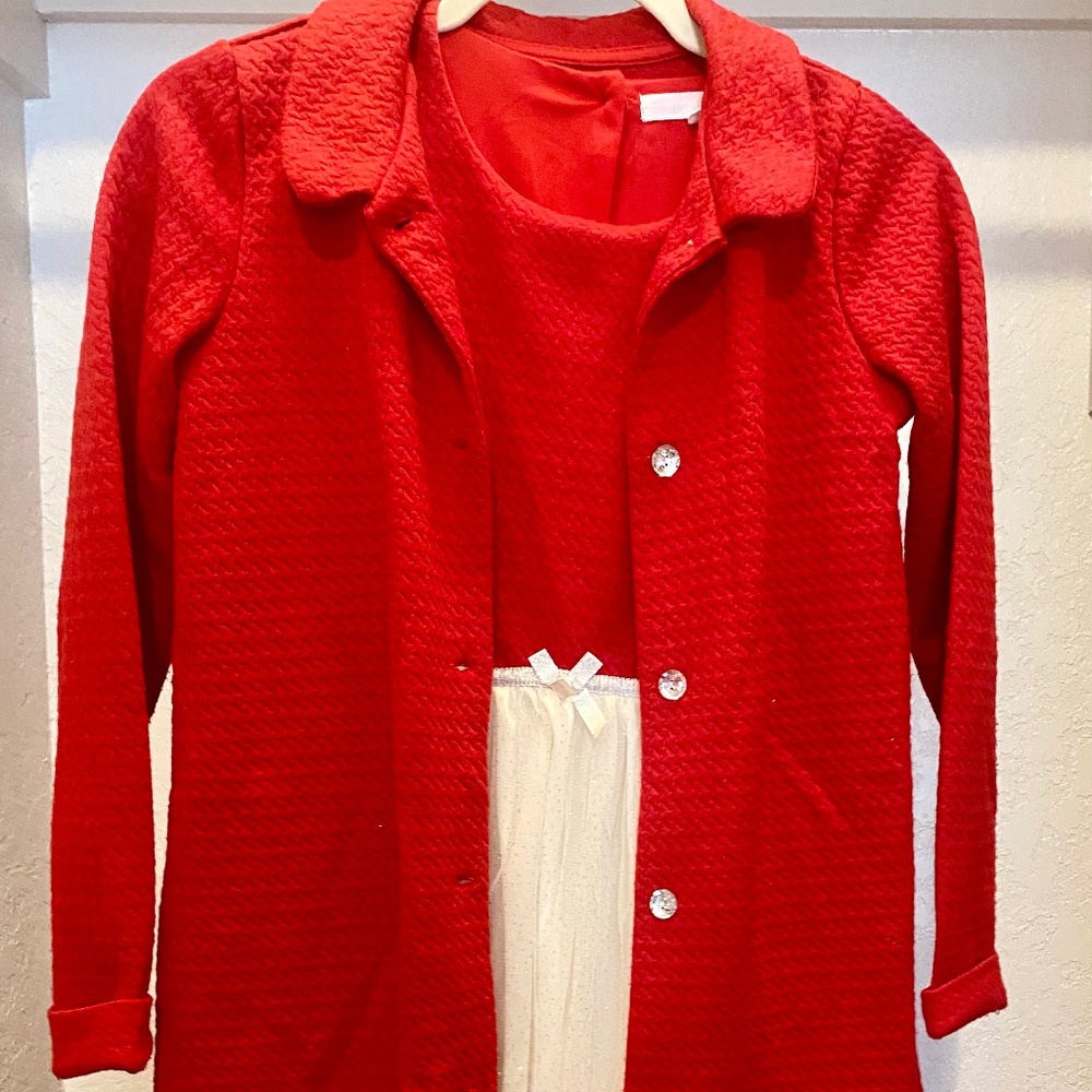 Red dress coat with red and white dress